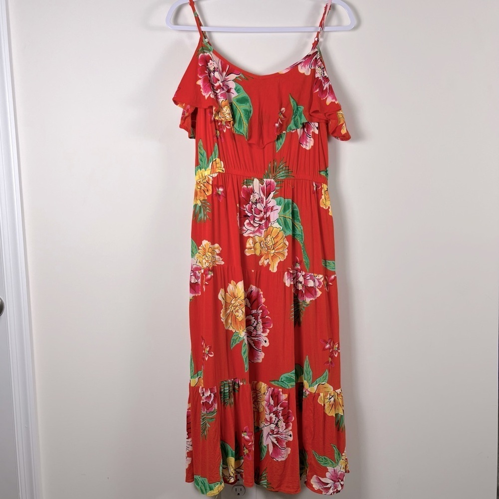 Old Navy Womens Orange Flora Dress Size Medium Summer Tiered Flowy Cold Shoulder